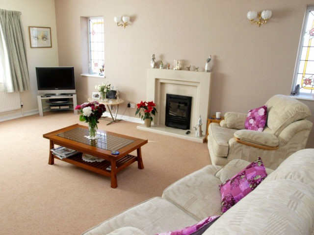 A beige-colored living room