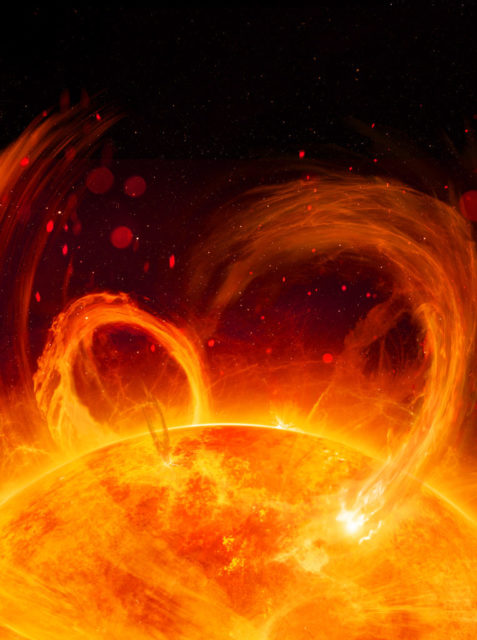 Illustration of solar flares on the surface of the sun.