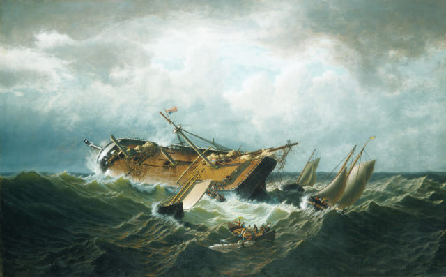 A painting of a shipwreck at sea and a small boat of survivors.