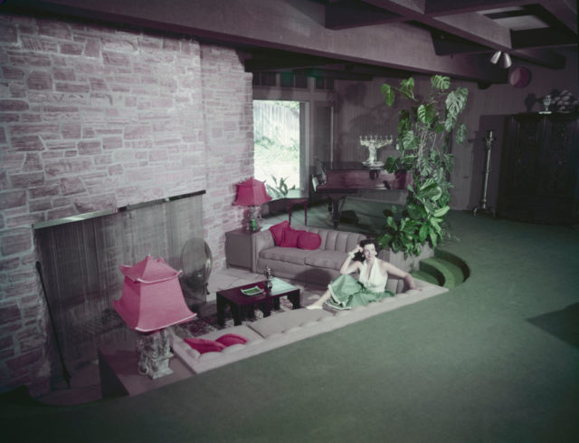 Jane Russell in her living room with a conversation pit