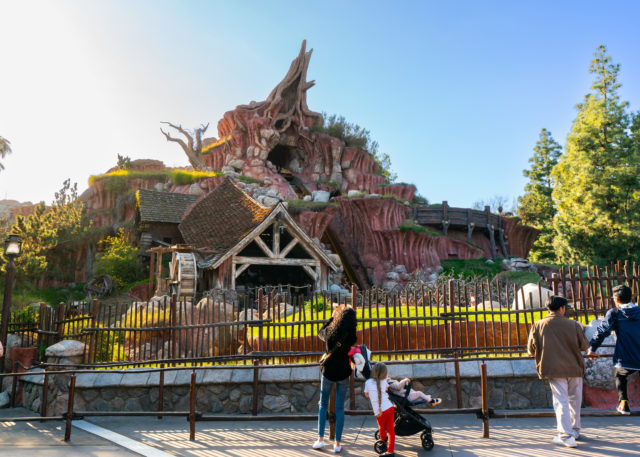 A view of Splash Mountain from a sidewalk at Disney World.