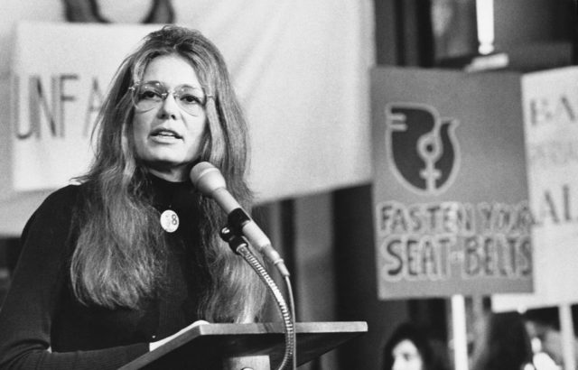 Gloria Steinem speaking at a rally