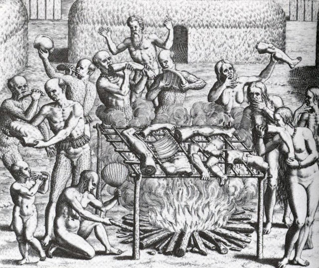 An illustration of men killing and eating other humans around a fire.
