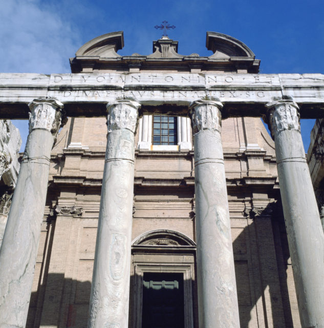 A zoomed in, ground-up view of the Temple of Antoninus and Faustina