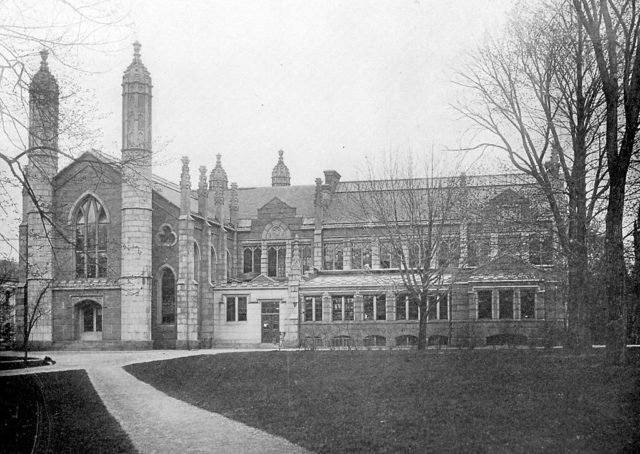 Distanced photo of Gore Hall at Harvard University.