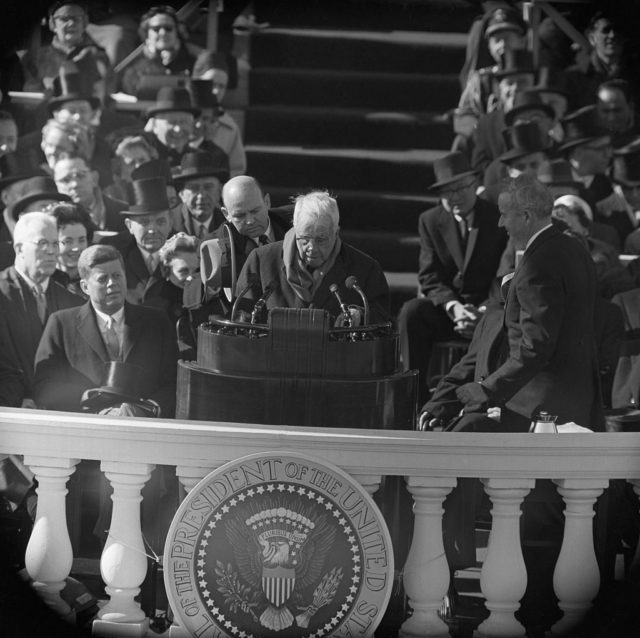 Robert Frost reads a poem at JFK's inauguration