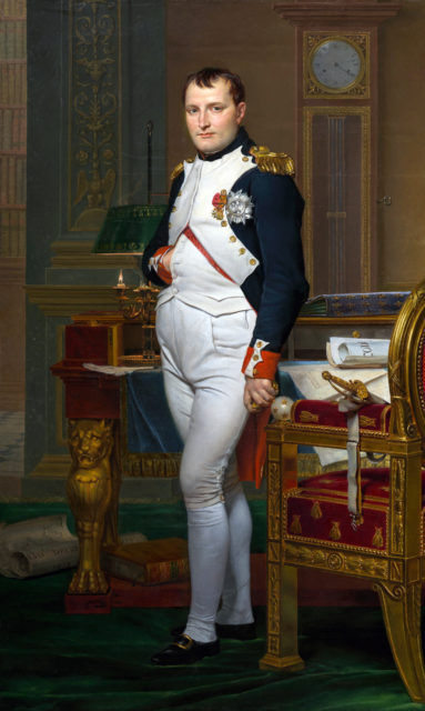 A painted portrait of Napoleon Bonaparte standing in front od a desk