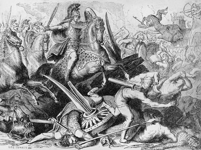 Alexander the Great riding the the fray of battle against many others.