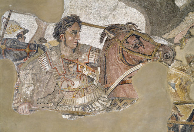 Mosaic fragment of Alexander the Great riding Bucephalus. 
