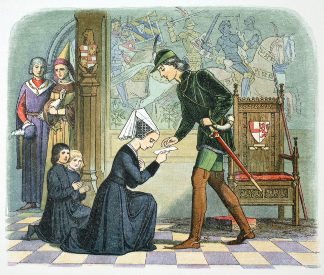 Drawing of King Edward IV handing a note to Elizabeth Woodville who kneels in front of him.