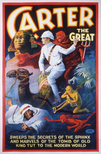 Cartoon poster of a man in white explorers clothes surrounding by Egyptian images which reads "Carter the Great."