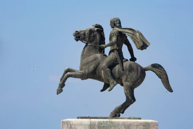 Statue of Alexander the Great riding on Bucephalus those front feet are off the ground.