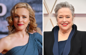 Side by side images of Rachel McAdams in a one sleeve blue dress, and Kathy Bates with short hair and a black jacket with blue lapels.