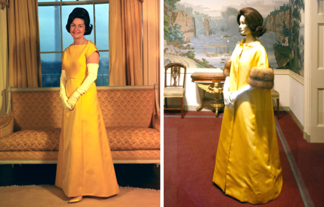 A portrait of Lady Bird Johnson in a yellow dress beside a photo of the yellow coat she wore overtop on a mannequin