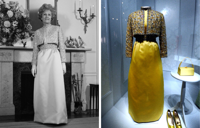 A portrait of Pat Nixon in her inaugural dress beside a photo of the dress on display