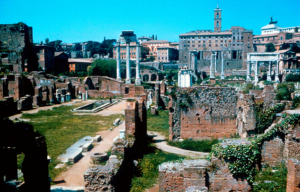 A panning view of the ruins of the Roman Forum