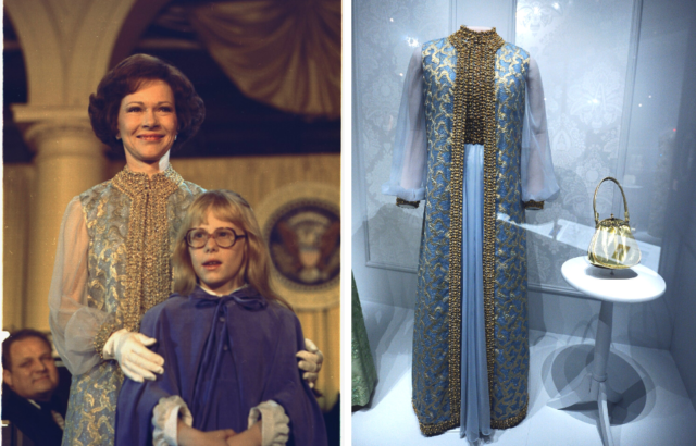 Portrait of Rosalynn and Amy Carter beside a photo of Rosalynn's dress on display