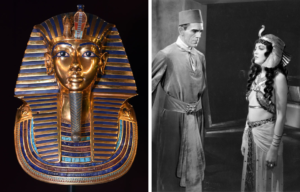 Side by side images of King Tut's burial mask and Boris Karloff and Zita Johann in 'The Mummy.'