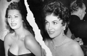 Photo of Gina Lollobrigida and Sophia Loren both in gowns with a rip down the middle.