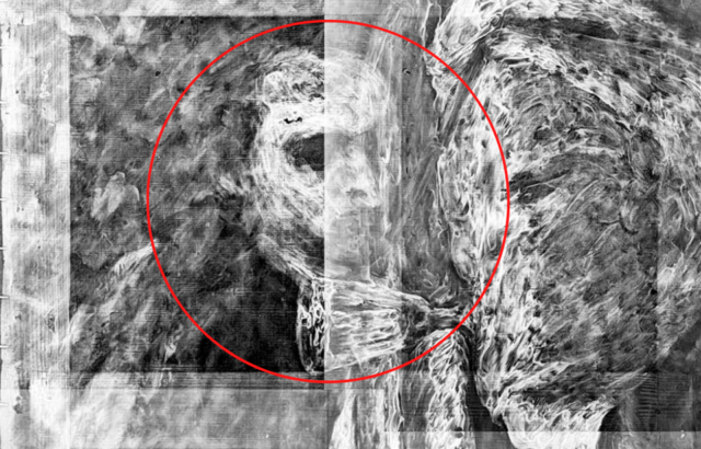 The ghostly face beneath the painting revealed in the x-ray image. 