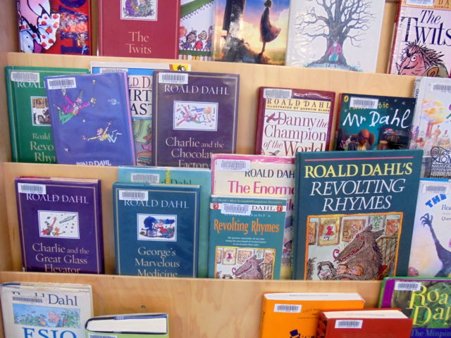 Roald Dahl books sat in a display book shelf.