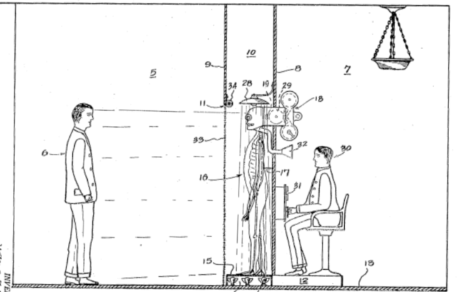 A diagram of the skeleton, the criminal, and the interrogator operating the spooky device. 