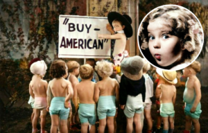 Children gathered around a sign that reads "Buy American" while a child wearing a hat points to it, a headshot of Shirley Temple in the corner.