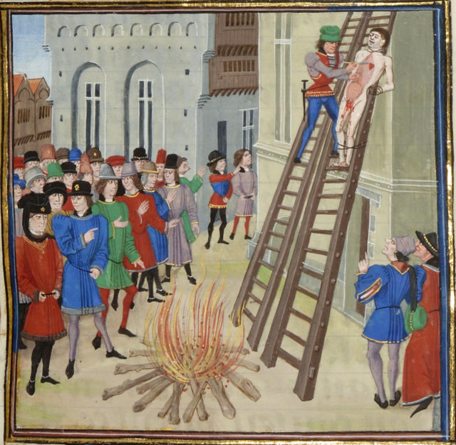 Drawing of a crowd surrounding a fire with a man hung on a ladder above it.