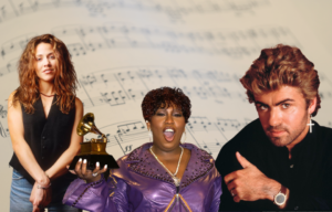 Sheryl Crow smiling, Missy Elliott in a purple shirt, and George Michael in a black shirt in front of a sheet music background.