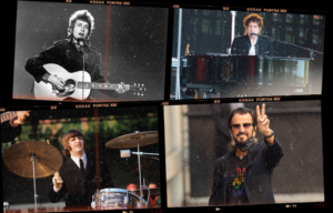 Four photos in a collage: young Bob Dylan playing the guitar, older Bob Dylan playing the piano, young Ringo Starr playing the drums, and older Ringo Starr giving a peace sign.