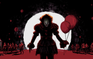 Artistic rendering of Pennywise walking towards the viewer holding two red balloons.