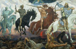Colored drawing of the Four Horsemen of the Apocalypse riding their mounts.