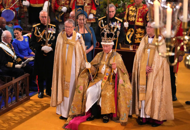 King Charles on the throne during his coronation