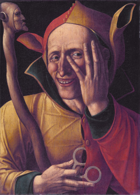 A close up painting of a jester with his hand to his face, holding a staff and twirling ring.