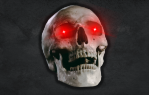A skull with glowing red eyes
