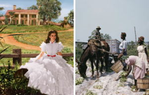 Side by side photos of Vivien Leigh in 'Gone with the Wind' and a recreation of slaves working on a farm
