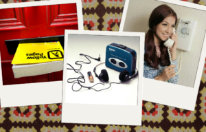 Photos of a phone book, walkman, and a woman talking on a rotary phone