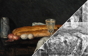 A photo of Cezanne's 'Still Life of Bread and Eggs' and the x-ray of the painting