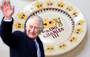 Photo of a commemorative plate that reads "King Charles III" and a photo of King Charles waving