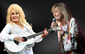 Image of Dolly Parton with guitar and Olivia Newton-John with microphone