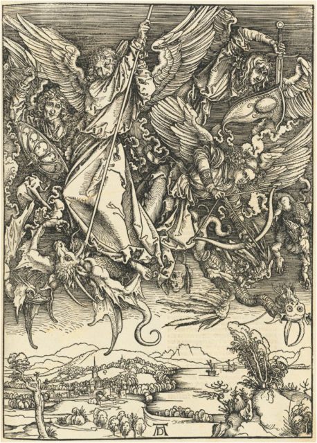 Line drawing of St. Michael fighting a dragon.