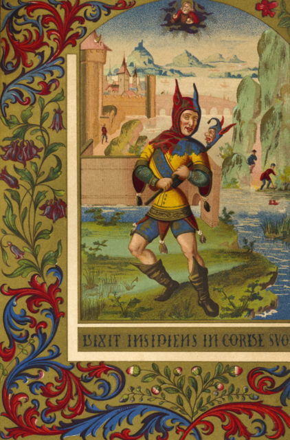 A medieval painting of a court jester