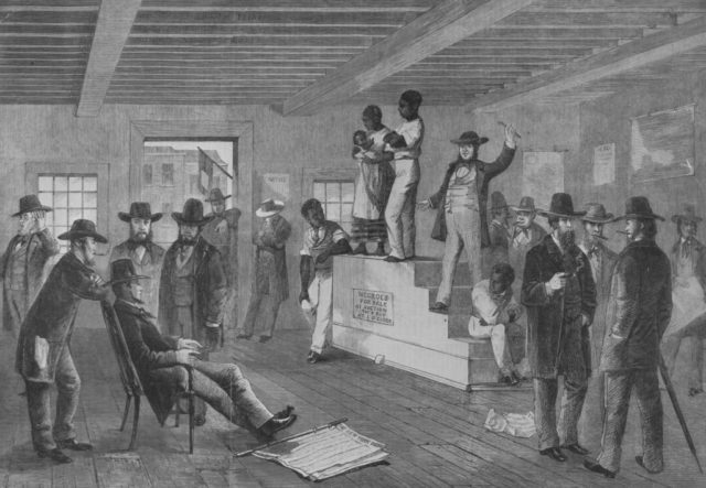 A drawing of an auction of slaves in Virginia