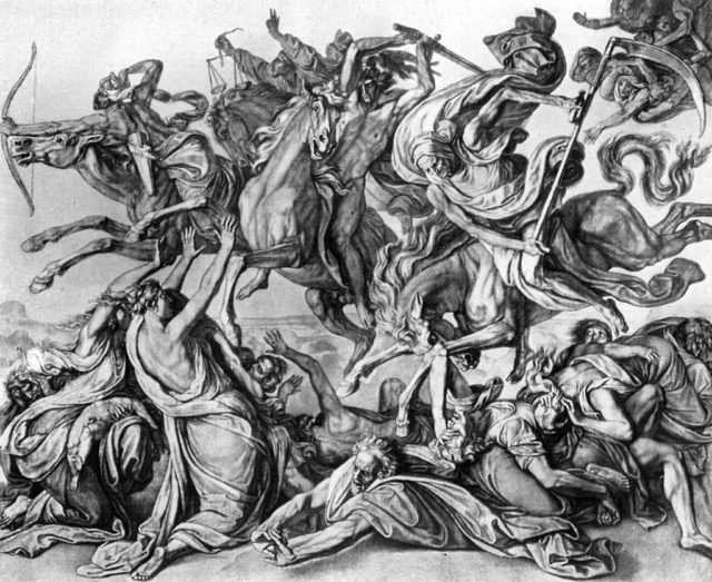 Line drawing of the Four Horsemen of the Apocalypse attacking a crowd of innocents. 