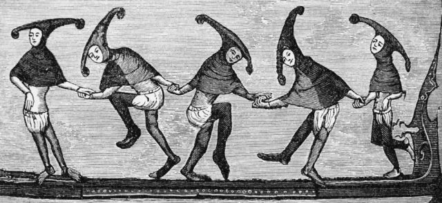 Illustration of jesters holding hands and dancing
