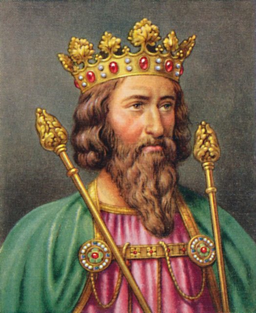 Drawing of King Edward III holding two scepters and wearing an elegant crown and gown.