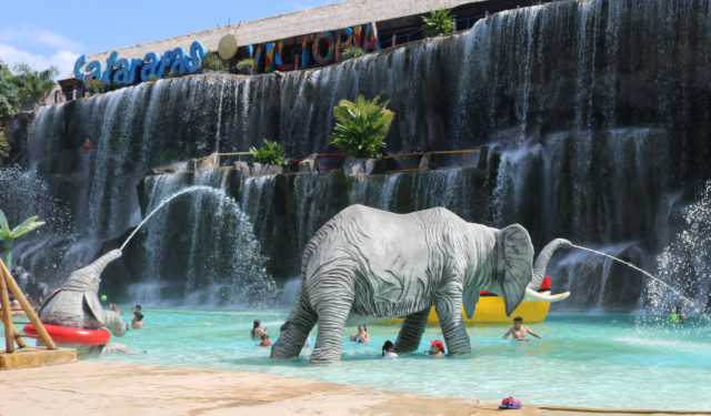 A water park, with faux elephants and other animals spraying water over tourists.