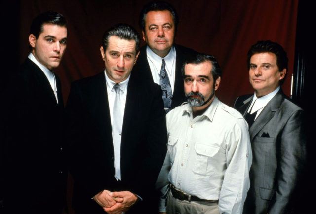 Still of Ray Liotta, Robert de Niro, Paul Sorvino, Martin Scorsese, and Joe Pesci in Goodfellas. 