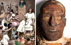 An illustrations of ancient Egyptians preparing for mummification beside a close up view of a mummy's head.