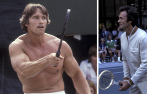 Arnold Schwarzenegger holding a tennis racket shirtless beside Clint Eastwood holding a tennis racket.